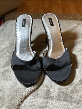 Xhilaration Black Satin Open-Toe Mule Heels